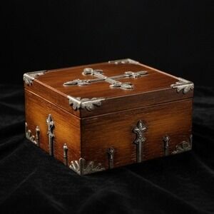 Vintage Style Wood Jewelry Box Fleur De Lis Cross Silvertone Trim Gold Interior